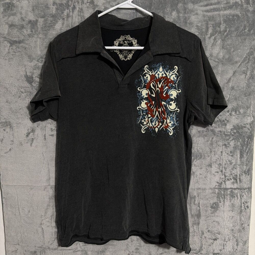 Y2K La Vae Men's Large Black Tribal Panther Snake Graphic Split Neck Polo Shirt